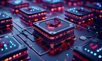 Poster - Futuristic Circuit Board with Vibrant Lights and Electronic Components