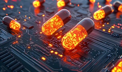 Poster - Futuristic Digital Circuit Board with Glowing Capsule Elements