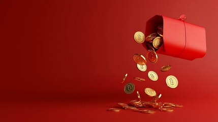 Poster - Elegant 3D showcasing golden coins emerging from a vibrant red envelope set against a clean and minimalist layout  This design evokes a sense of wealth prosperity and