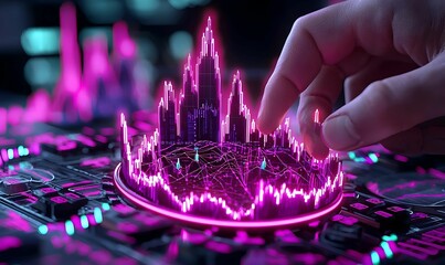 Poster - hand manipulating neon cityscape with vibrant digital elements