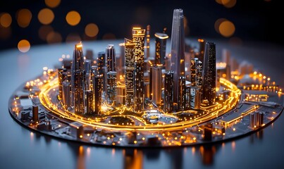 Poster - Miniature City Model with Illuminated Buildings and Night Lights