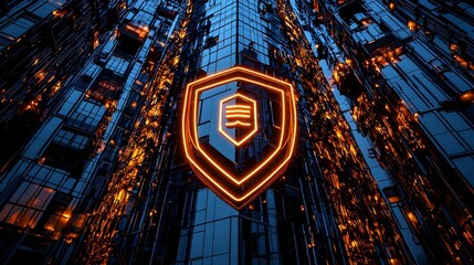 Poster - Futuristic Cityscape with Neon Shield and Abstract Technology Elements