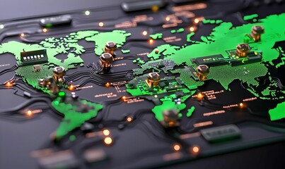 Poster - Global Network Map with Green Circuitry and Technology Elements
