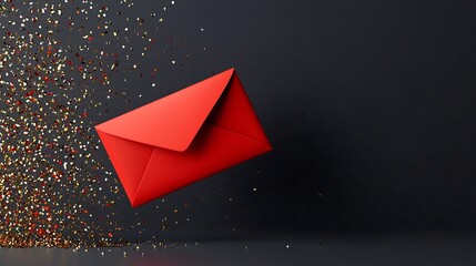Poster - Elegant red envelopes floating amidst shimmering gold particles in a clean editable 3D This modern minimal design is perfect for celebrating holidays festivals