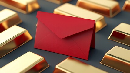Poster - Festive 3D of a red envelope and gold bars representing the Chinese New Year prosperity  The scene includes a text placeholder for custom messaging