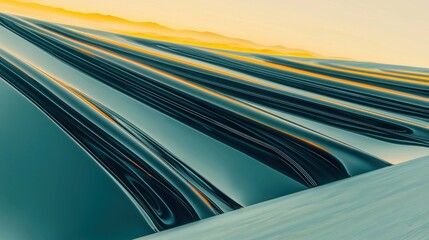 Poster - Dynamic Geometric Chrome Curves Abstract Landscape Digital Art Futuristic Environment Aerial View Visual Concept