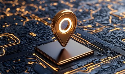 Poster - Golden Location Pin on Futuristic Circuit Board Background