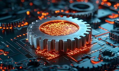 Poster - Futuristic Gear with Glowing Binary Code on Circuitry Background