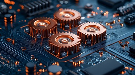 Poster - Detailed Close-Up of Gears on a Circuit Board with Orange Lighting