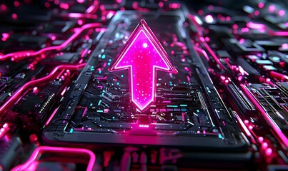 Poster - Digital Direction with Neon Arrow on Circuit Board Background