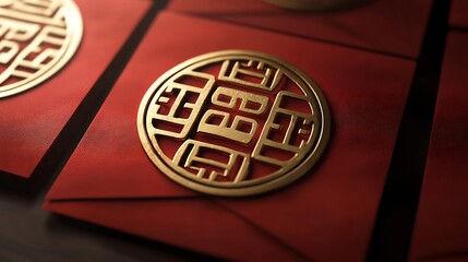 Poster - Stacked red envelopes with intricate gold details providing a spacious text placeholder for various design and messaging needs  This 3D offers a premium