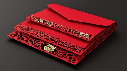 Poster - Stacked Red Envelopes with Intricate Golden Details and Spacious Text Placeholder 3D Luxury Chinese New Year or Festive Concept with Premium Ornate Paper Packaging Design
