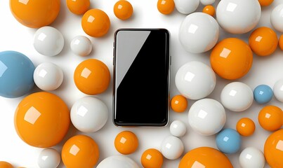 Poster - Modern Smartphone Surrounded by Colorful 3D Balls on White Surface