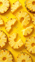 Wall Mural - Top view of wet pineapple with waterdrops slices seamless on yellow background