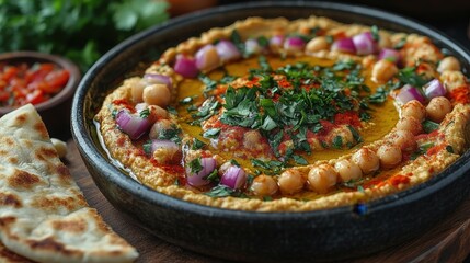 Wall Mural - Creamy hummus with chickpeas, red onion, parsley, olive oil, and paprika in a dark bowl, served with pita bread.