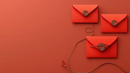 Poster - Golden thread elegantly tying red envelopes in a seamless and modern 3D design with an editable text area for customization  This premium vibrant and luminous graphic element is perfect for festive