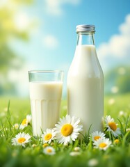 A glass bottle of milk and a glass of milk placed on the green flower field on blue sky, drink and beverage