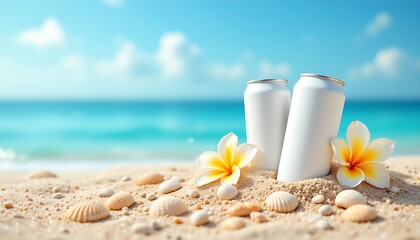 Wall Mural - Two white drink cans mockup placed on the right on sand, surrounded by plumeria and seashells with seascape view on blue sky in summer day, product mockup design, product advertisement photography