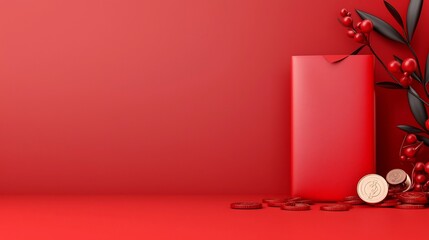 Poster - Red Chinese Envelope with Gold Coins on Abstract Clean Backdrop 3D Representing Wealth Fortune and