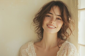 Wall Mural - Smiling woman with natural beauty in soft light near a window