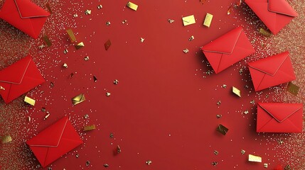 Aufkleber - scattered red envelopes with shimmering gold sparkles and accents 3d design with a festive celebrato