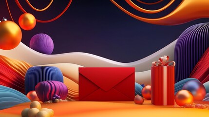 Poster - Elegant Red Envelope Abstract Festive 3D with Smooth Vibrant Tones and Editable Text Area for Holiday Greeting Card Design