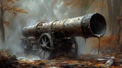 Wall Mural - Forgotten Cannon in Autumn Forest: A Moody Landscape Painting