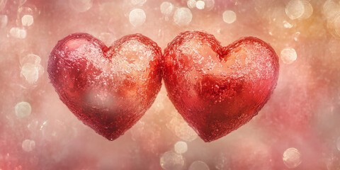 Aufkleber - Two frosted red hearts with sparkling golden bokeh background symbolizing love and Valentine's Day