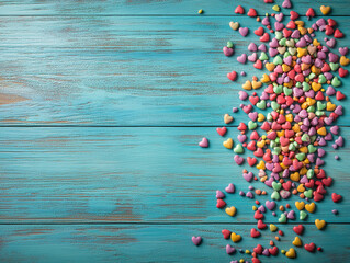 Poster - Colorful candy hearts scattered on rustic blue wooden background for Valentine's Day celebration