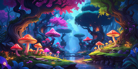 Naklejka na meble Exotic Forest with Strange and Beautiful mushroom. created by generative ai