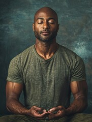 Aufkleber - In a serene studio, a diverse man engages in mindfulness meditation under soft lighting, embodying mental well-being and tranquility.