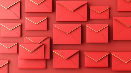 Poster - Stacked red envelopes with ornate gold trim seamless clean text zone 3D Elegant and festive Chinese New Year or holiday design element with luxury and traditional cultural symbolism