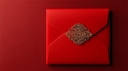Poster - Stacked red envelopes with ornate gold trim seamless clean text zone perfect for Chinese New Year or other festive branding and packaging design  3D