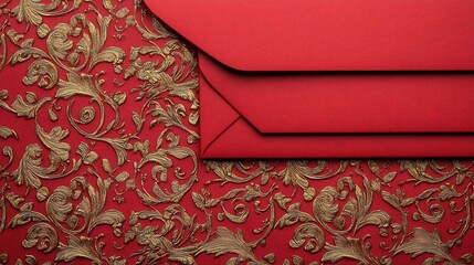 Poster - Stacked red envelopes with ornate golden trim and seamless clean text zone 3D with modern minimalist and elegant design  Perfect for or gift packaging concepts