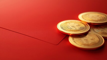 Poster - Emerging Wealth A clean modern 3D showcasing gold coins spilling out from vibrant red envelopes creating a captivating visual representation of financial growth prosperity