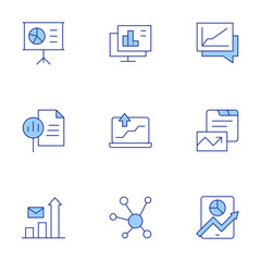 Poster - analytics icons set. line duotone style, editable stroke. tablet, analytics, chart, report, analysis