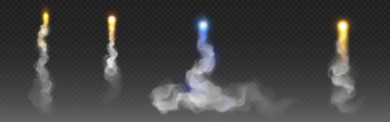 Wall Mural - rocket launch smoke trails set with glowing particles effects - upward paths from yellow or blue bri