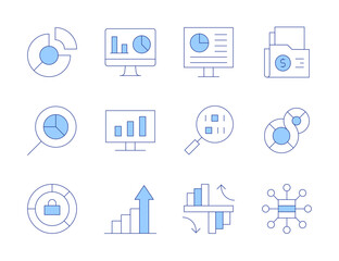 Poster - analytics icons. line duotone style, editable stroke. search, dashboard, comparison, pie chart, anal