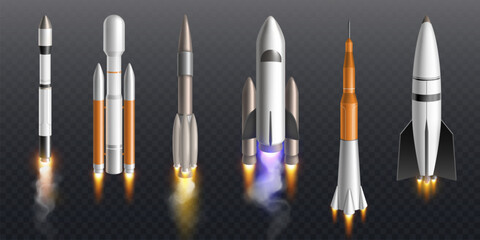 Poster - Realistic space launch of vehicles with various spaceship designs - modern rockets emitting bright engine flames and exhaust smoke. 3d vector set futuristic aerospace transport for cosmos exploration.