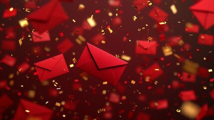 Poster - Captivating 3D featuring dynamic floating red envelopes with subtle gold highlights and a reserved text area perfect for festive holiday or creative digital designs