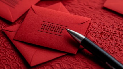 Poster - minimalist red envelope stack with balanced shadowing and clean text zone rendered in a clean and mo