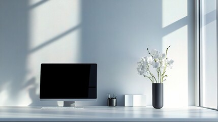 Poster - Sleek Minimalist Workspace With Computer and Elegant Decor