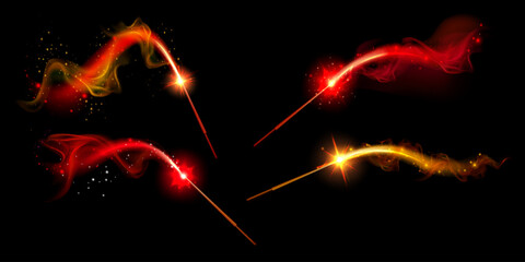 Poster - Magic wand sparkle effects set - luminous red and golden energy trails with glowing particles and bright flares on dark background. Mystical spell casting elements for fantasy or sorcery game design.