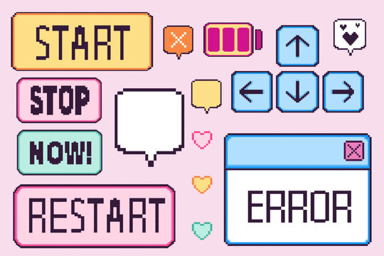 Pixel game UI elements kit. control buttons including start, stop, restart options, direction arrows, battery indicator, text message frames, colorful heart icons for retro style interface design.