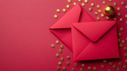 Poster - Sophisticated digital 3D showcasing a elegant minimalistic layout with scattered red envelopes and warm golden accents creating a festive and luxurious composition