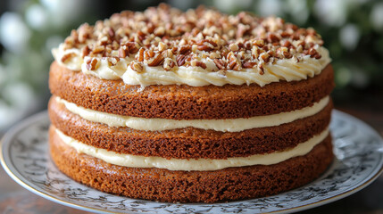 Aufkleber - close up of classic carrot cake layered with cream cheese frosting and topped with chopped nuts, showcasing its delicious texture and inviting appearance