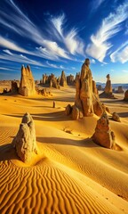 golden desert landscape with towering sandstone formations under a vibrant blue sky and wispy clouds, creating a surreal natural scene mobile wallpaper background