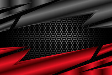 Poster - Sparkling hexagon shiny grey light background. Luxury bright red shape with metal effect style. Black lines on dark background. silver metallic hexagon pattern ornament. abstract horizontal backdrop.