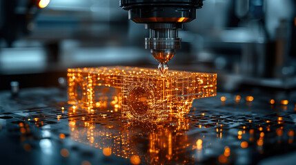 Aufkleber - close up of precision engineering tool in action, showcasing intricate details and glowing elements. scene captures essence of modern manufacturing technology