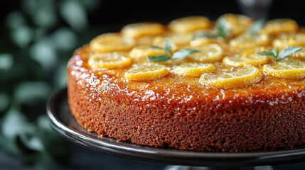 Aufkleber - close up of rich lemon drizzle cake topped with glossy lemon slices and mint leaves, showcasing its moist texture and vibrant colors, perfect for dessert lovers